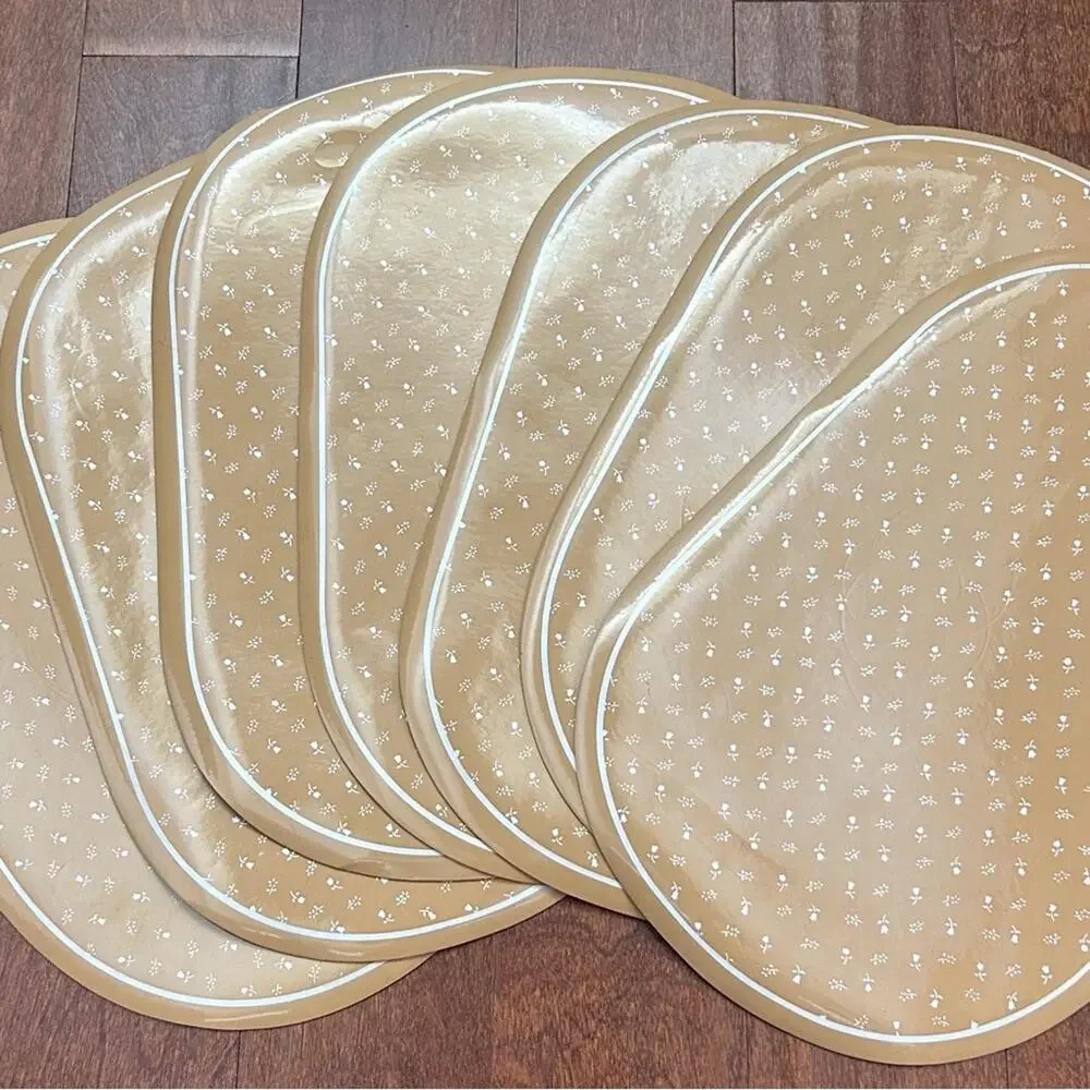 Vintage Kane Kraft Neutral Floral Patterned Tan Foam Vinyl Placemats, Set of 7